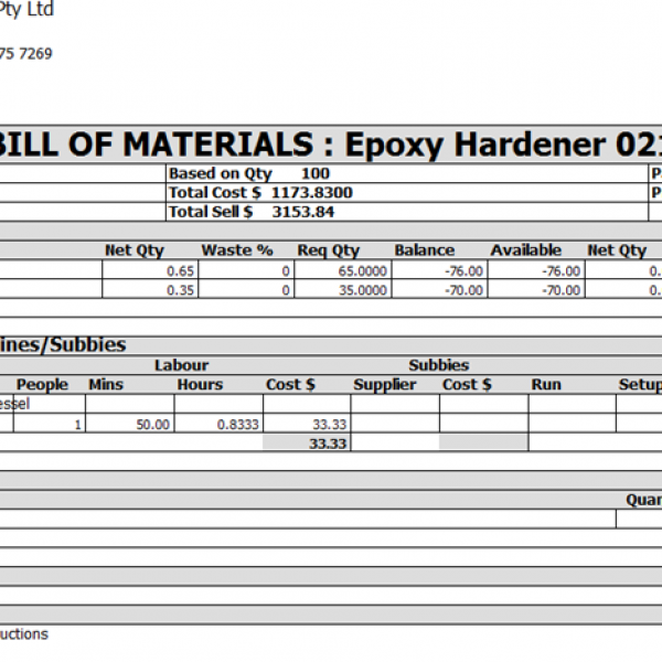Chemical / Paints / Ink – Bill of Materials